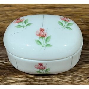 Vintage Otagiri Baby Rose Porcelain Trinket Box Dish Japan 2.75"x3" Floral Lid